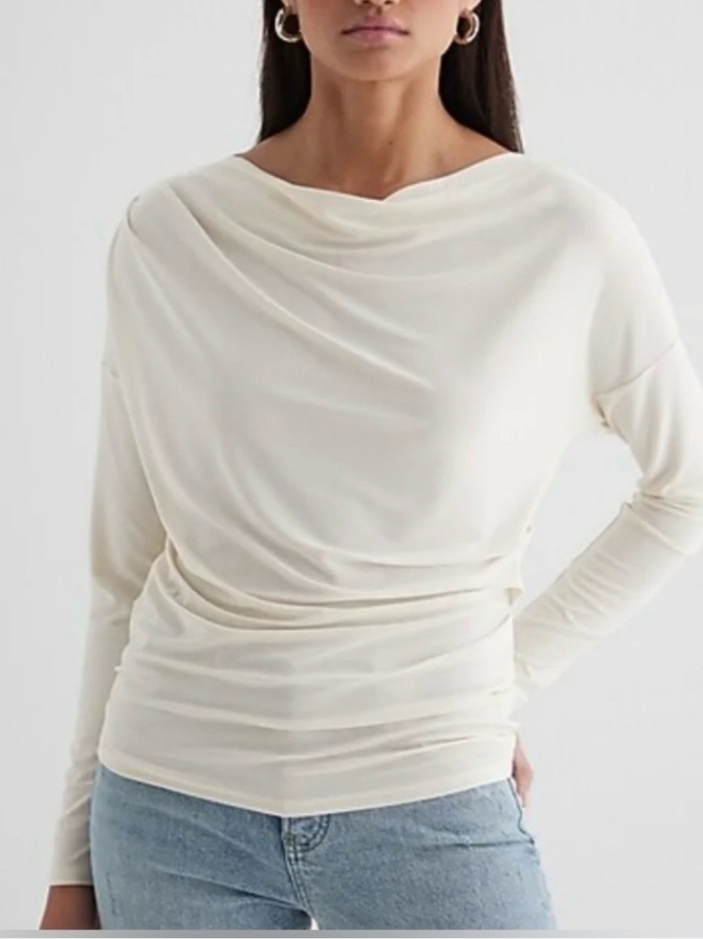 Express Cream Draped Cowl-Neck Long Sleeve Top